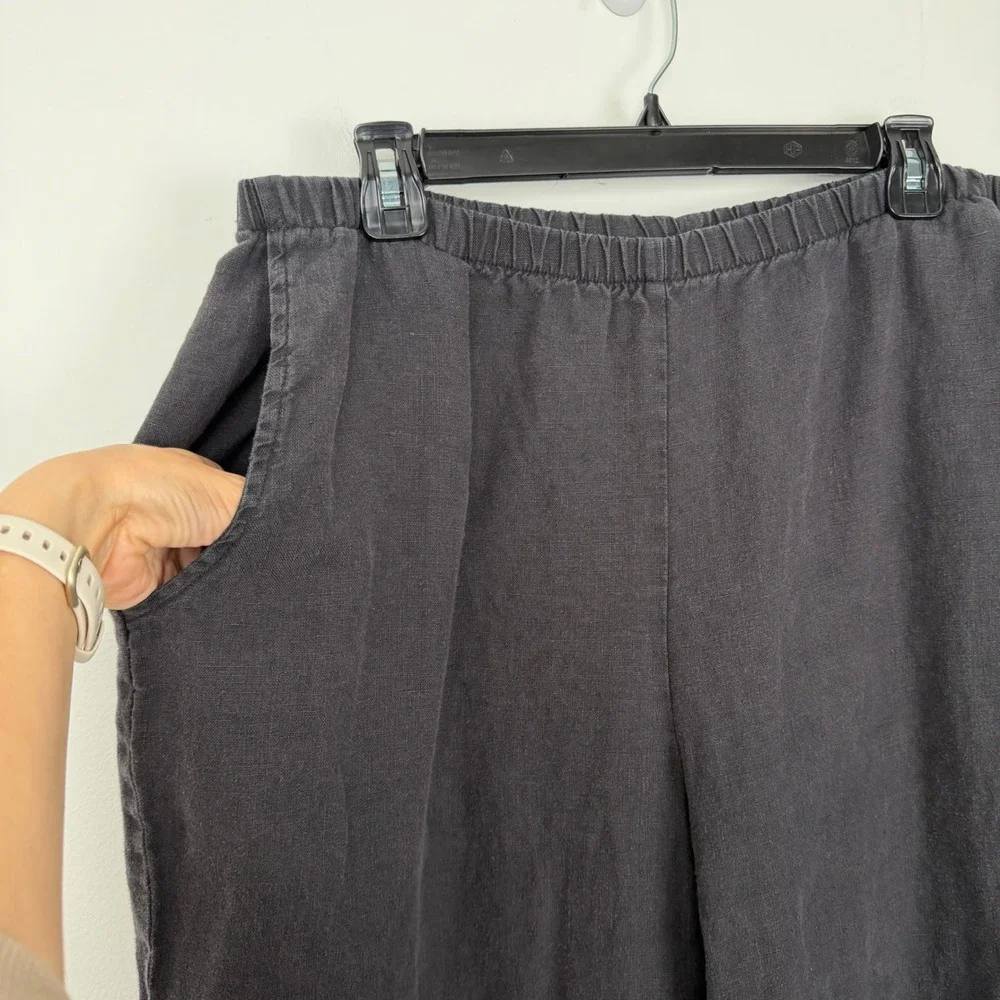 FLAX‎ Jeanne Engelhart Size M Black 100% Linen Wide Leg Elastic Waist Pants